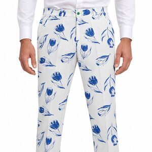 Mens 36 White Blue Tulip Floral Print Cotton Slim Fit Dress Pants Trousers NWT
